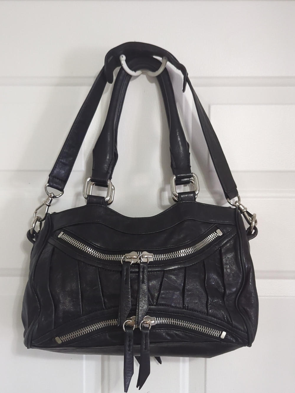 VTG Treesje Asher Black Glazed Leather Moto Satchel Shoulder Bag Y2K